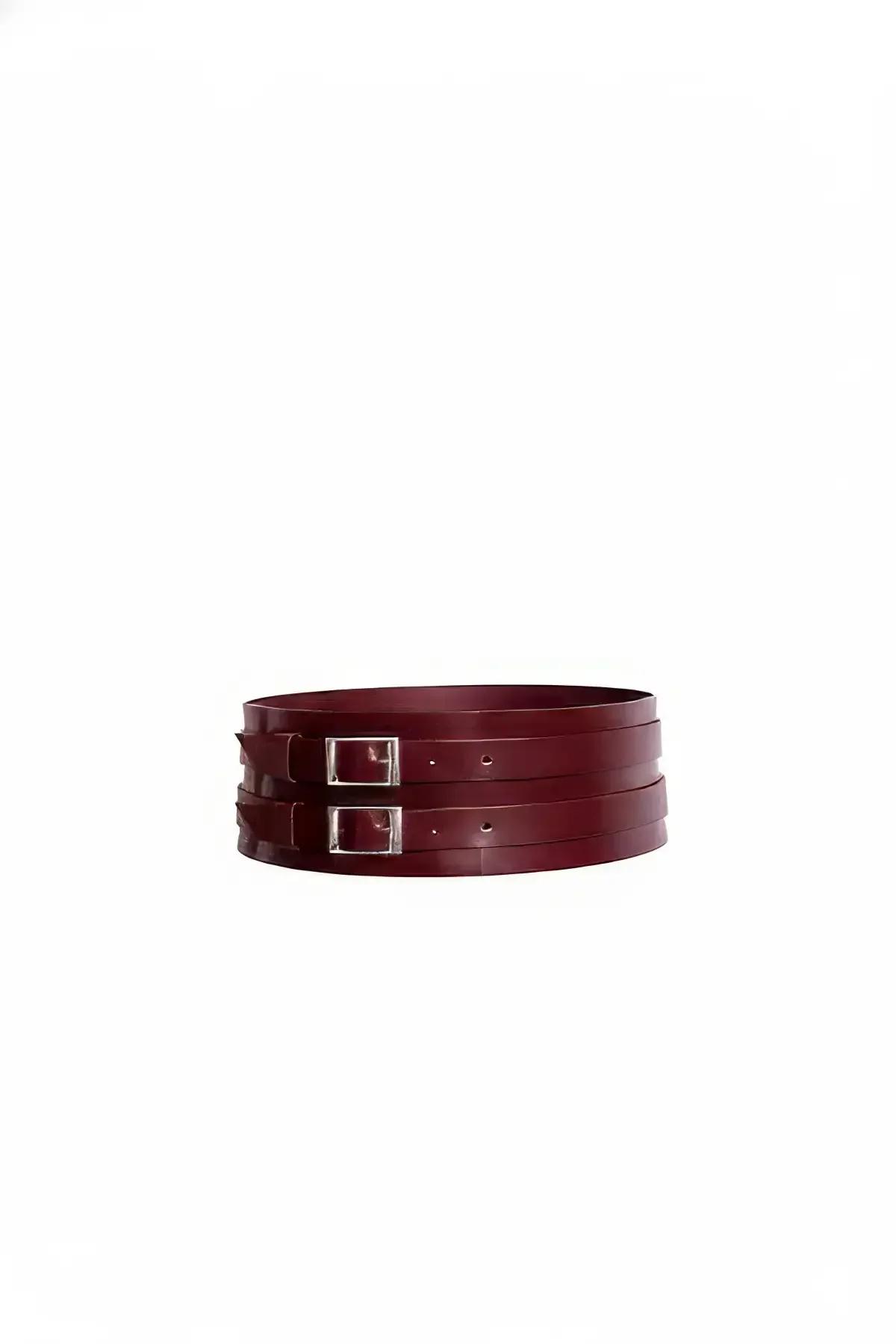 bordo vegan deri geniş bel kemeri çift gümüş tokalı iki katmanlı şerit yaklaşık 8 cm genişlik