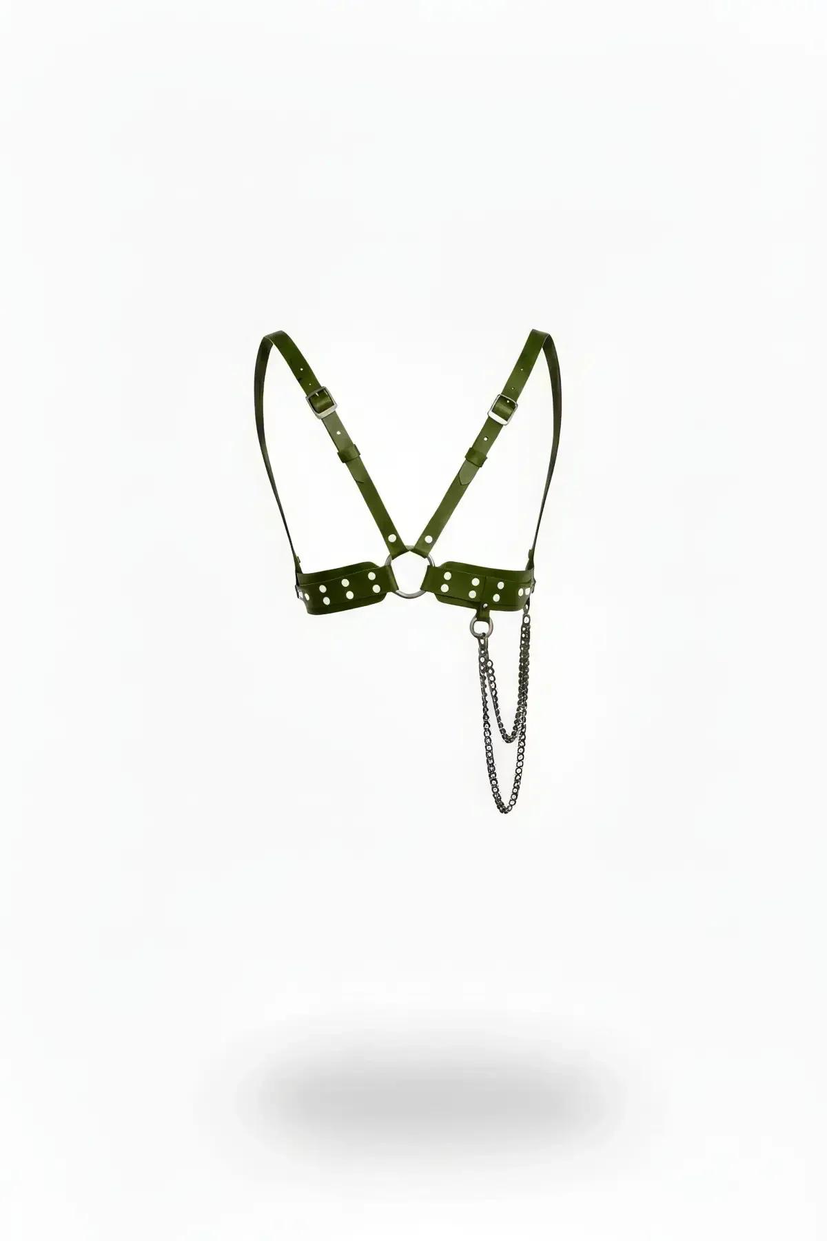 khaki faux leather chest harness with silver studs O-ring and double draped gunmetal chain