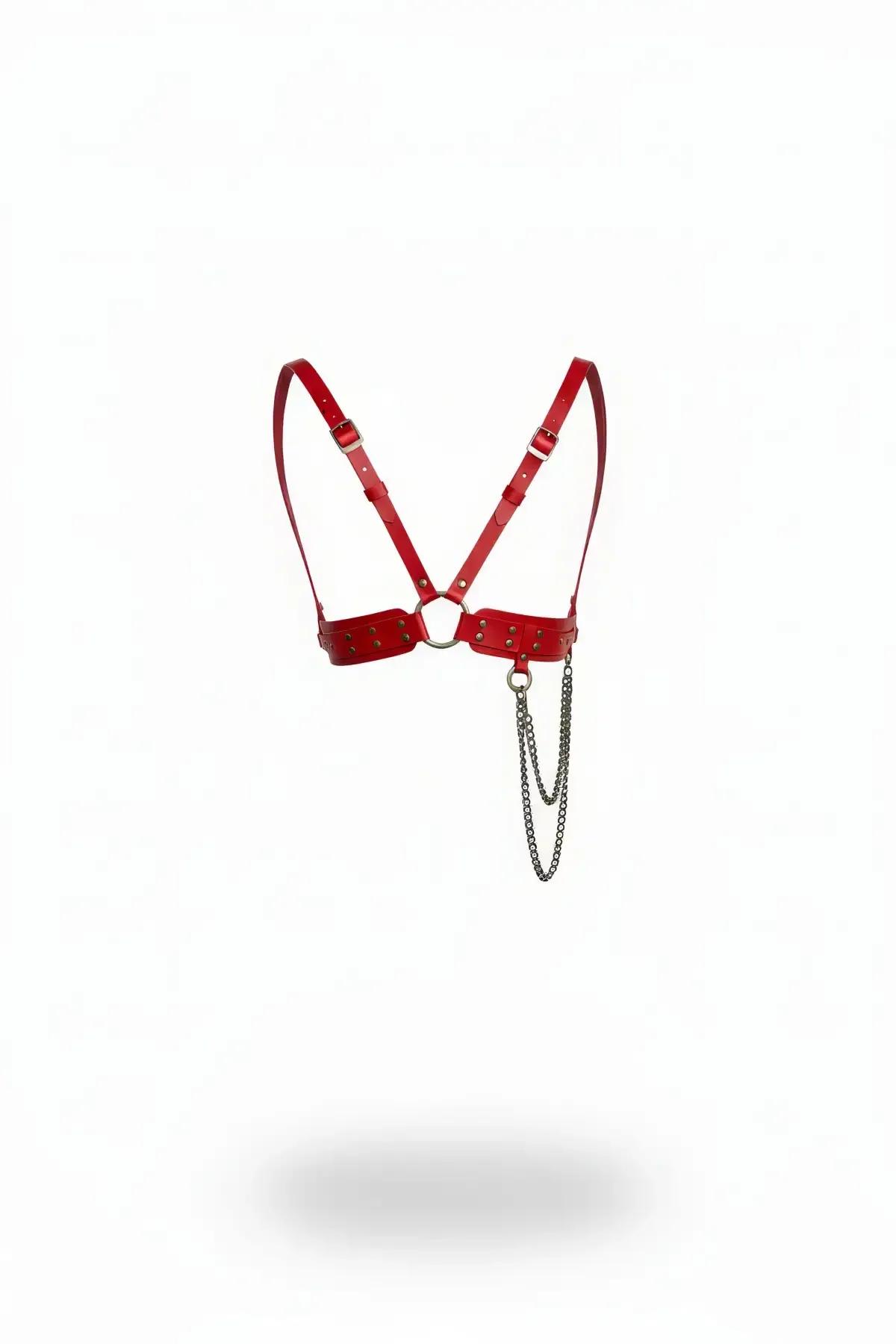 red faux leather chest harness with bronze studs O-ring center and double chain detail
