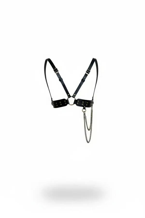 Siyah vegan deri kadın vücut harness gümüş zincir ve O-ring detaylı ince kayışlı tasarım
