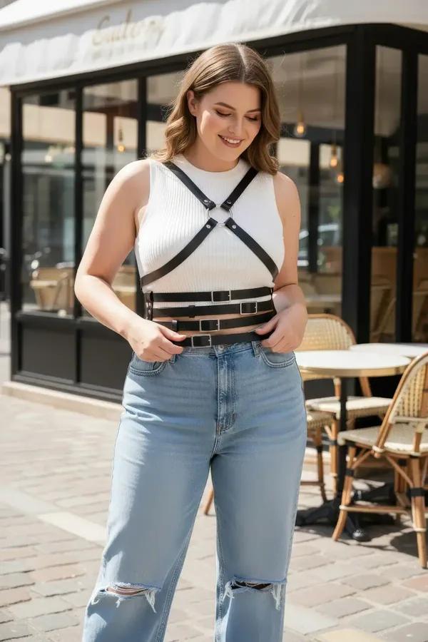 black faux leather multi-strap body harness with crossed chest straps silver O-ring and three buckle waist bands