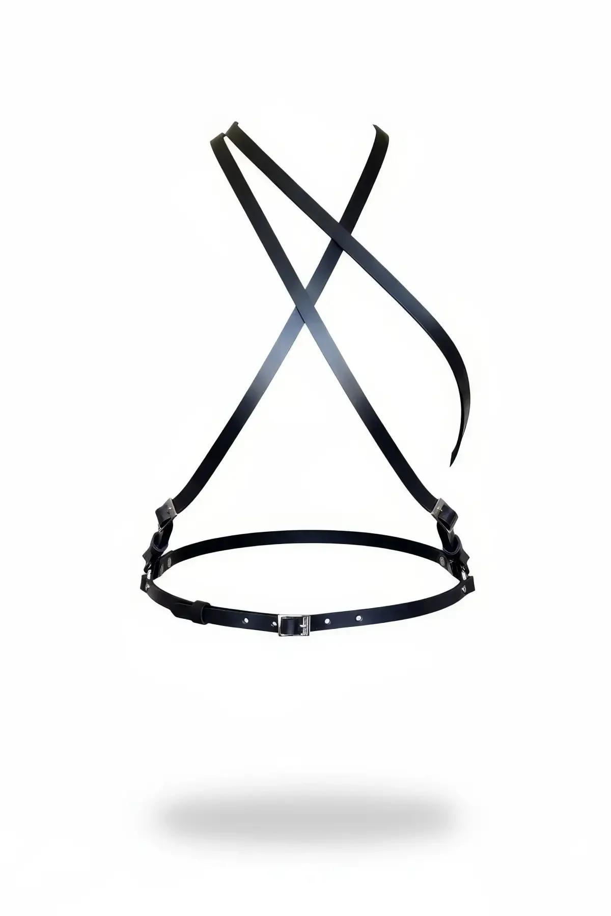 black faux leather cross chest body harness with silver buckle and X-strap silhouette on white background
