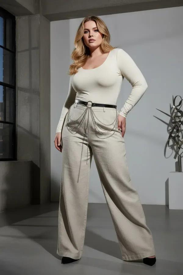black faux leather O-ring belt with cascading silver chains worn over wide-leg trousers as a waist harness