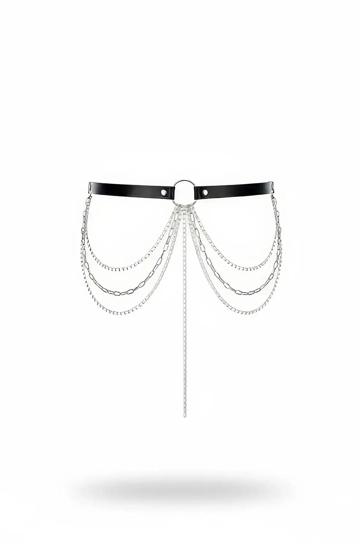 black faux leather waist harness with five layered silver chains and central O-ring vertical drop