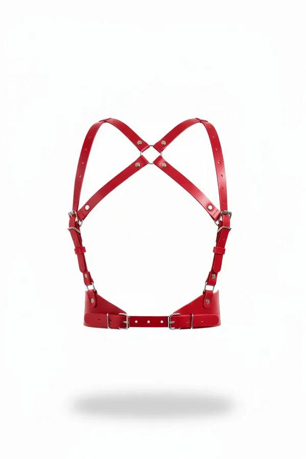 Red faux leather cross-back chest harness with silver-tone buckles and X-strap configuration, front view