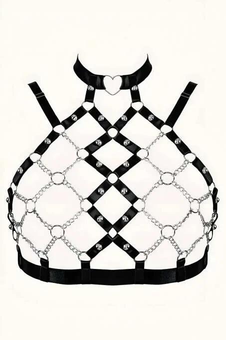 Zincirli siyah elastik göğüs harness kalp toka detaylı gümüş zincir ağ desenli choker yakalı