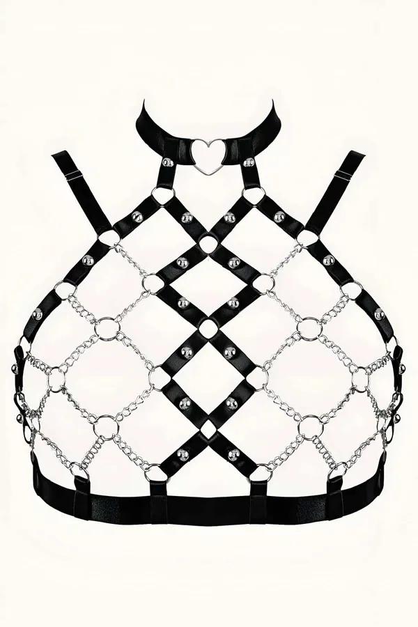Zincirli siyah elastik göğüs harness kalp toka detaylı gümüş zincir ağ desenli choker yakalı