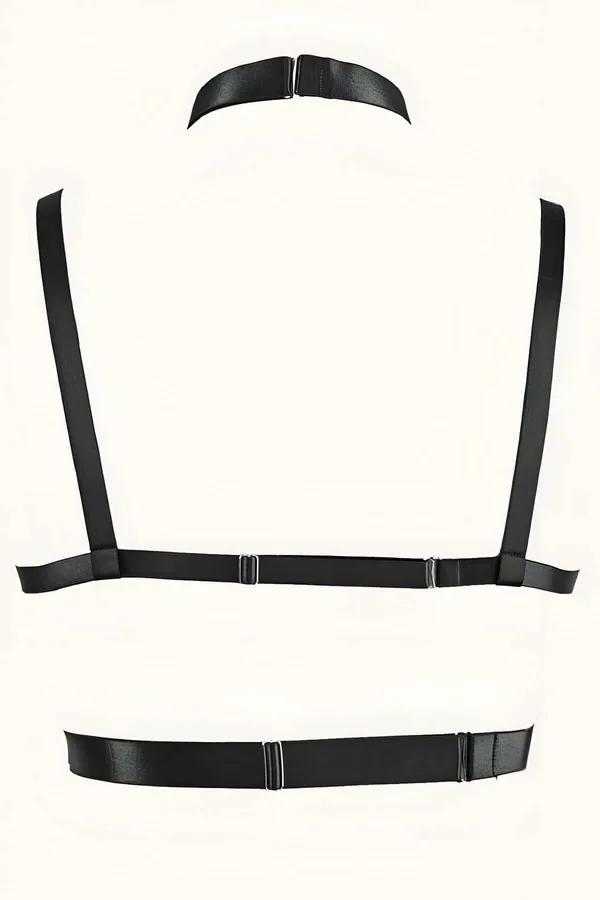 Zincirli siyah elastik göğüs harness kalp toka detaylı gümüş zincir ağ desenli choker yakalı