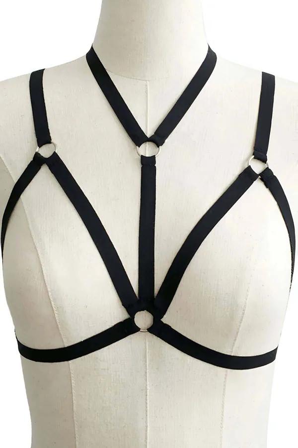siyah elastik göğüs harness gümüş O-halka choker yaka geometrik çapraz bantlar