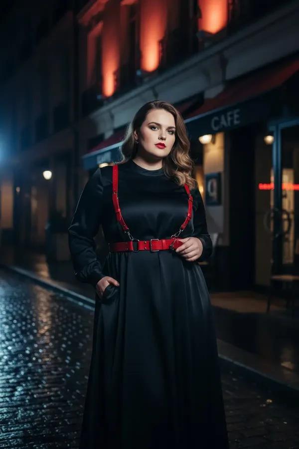 red faux leather suspender waist harness belt with silver D-ring buckles worn over black dress