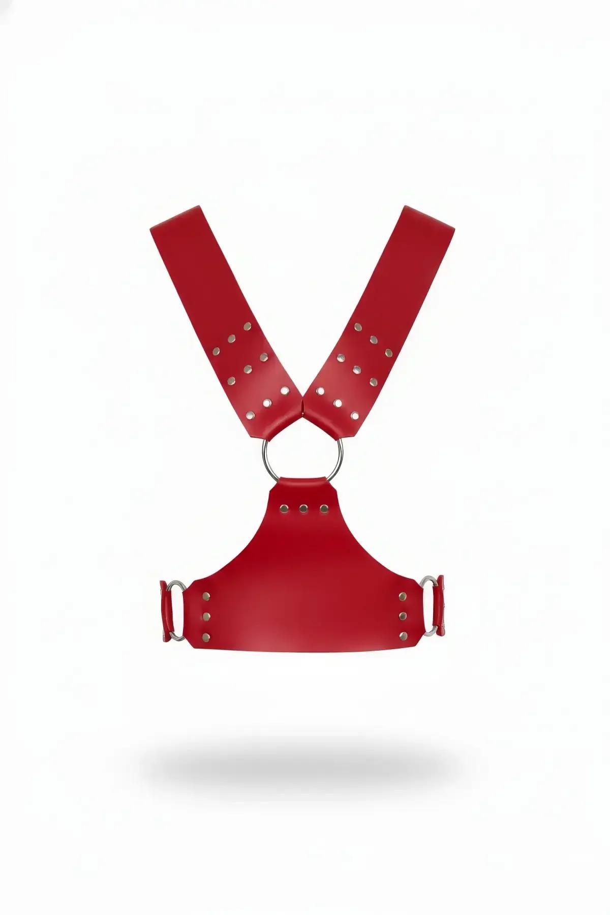 red faux leather chest harness with silver studs and central O-ring, structured underbust panel, wide V-strap shoulder design