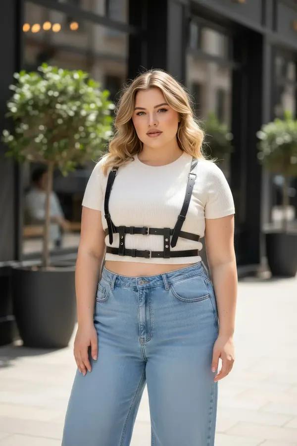 siyah vegan deri body harness büyük beden çift göğüs bandı gümüş metal toka kadın vücut aksesuarı