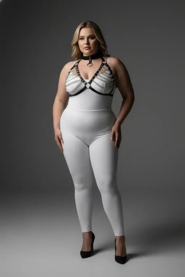 büyük beden siyah vegan deri harness takım gümüş zincir detaylı choker boyunluklu O-halka merkez parçalı