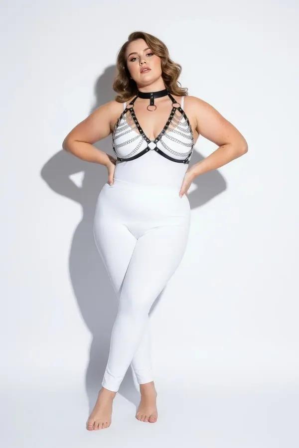 büyük beden siyah vegan deri harness takım gümüş zincir detaylı choker boyunluklu O-halka merkez parçalı