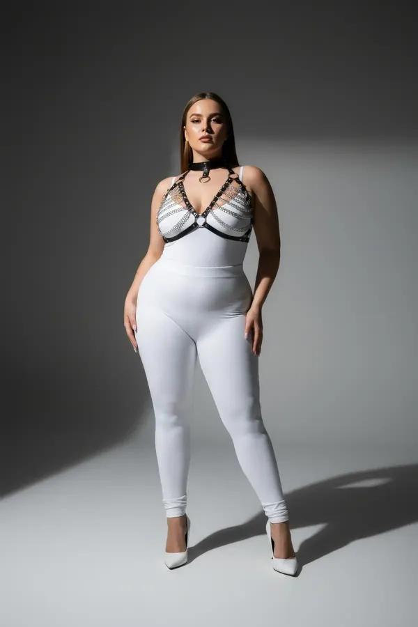 büyük beden siyah vegan deri harness takım gümüş zincir detaylı choker boyunluklu O-halka merkez parçalı