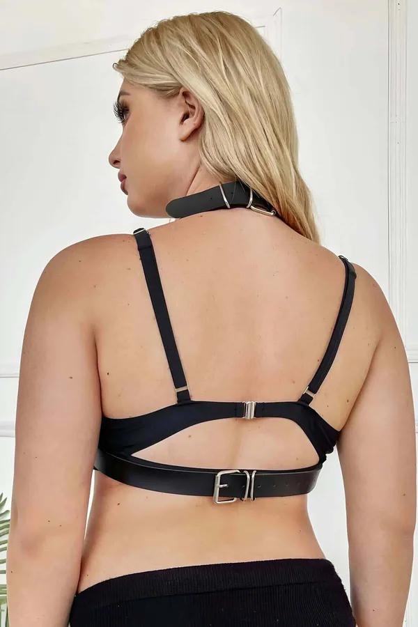 siyah suni deri zincir detaylı vücut sütyen harness gümüş O-ring tokalar ve çok sıralı metal zincir