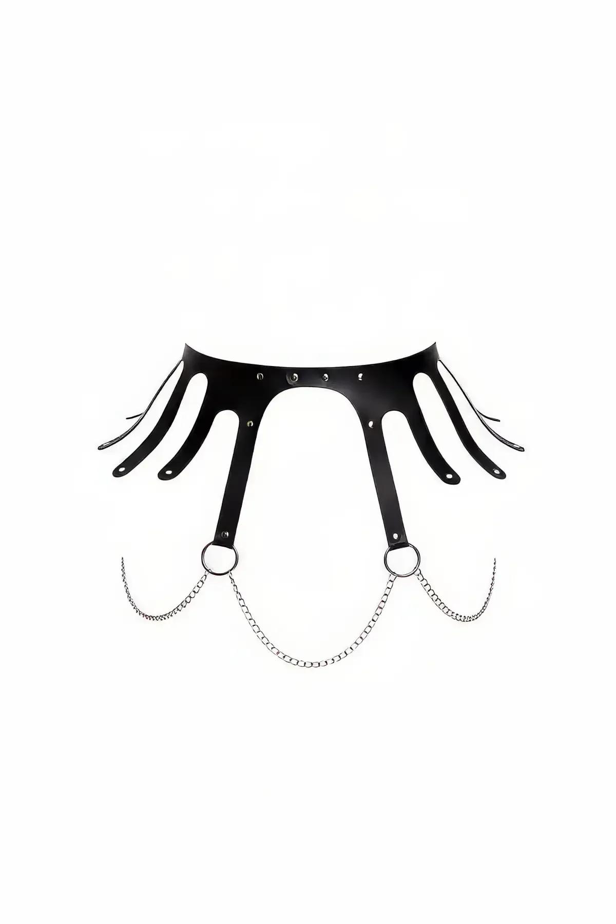 black faux leather underbust harness with six cutout straps and detachable silver O-ring curb chains