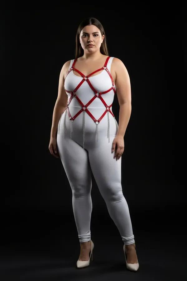 kırmızı vegan deri harness takım gümüş zincir detaylı büyük beden geometrik kafes desen