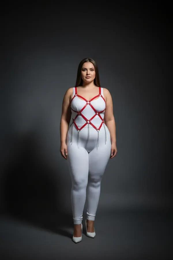 kırmızı vegan deri harness takım gümüş zincir detaylı büyük beden geometrik kafes desen
