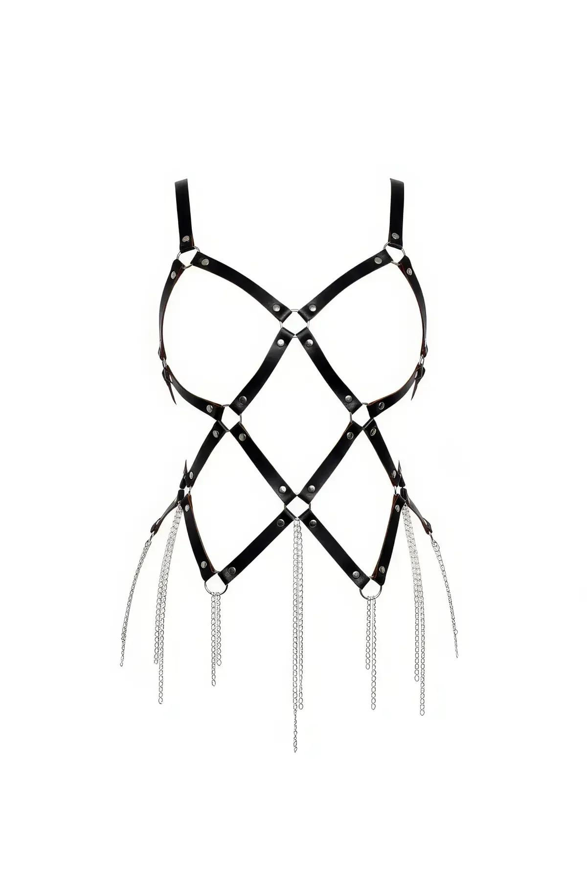 Black faux leather strappy body harness with diamond crisscross cage pattern and cascading silver chain fringe at hip