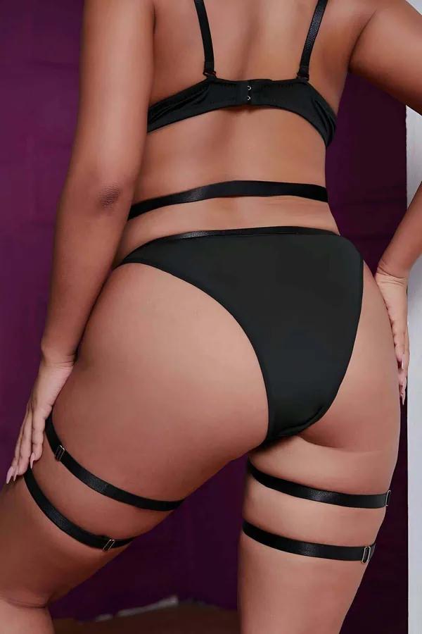 siyah lastik jartiyer harness gümüş O-halkalı bel ve uyluk bantlı elastik tasarım