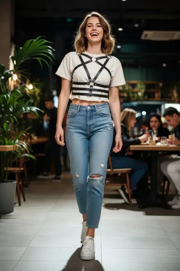 black vegan leather star chest harness with gold O-ring and rivet studs worn over cream crop top