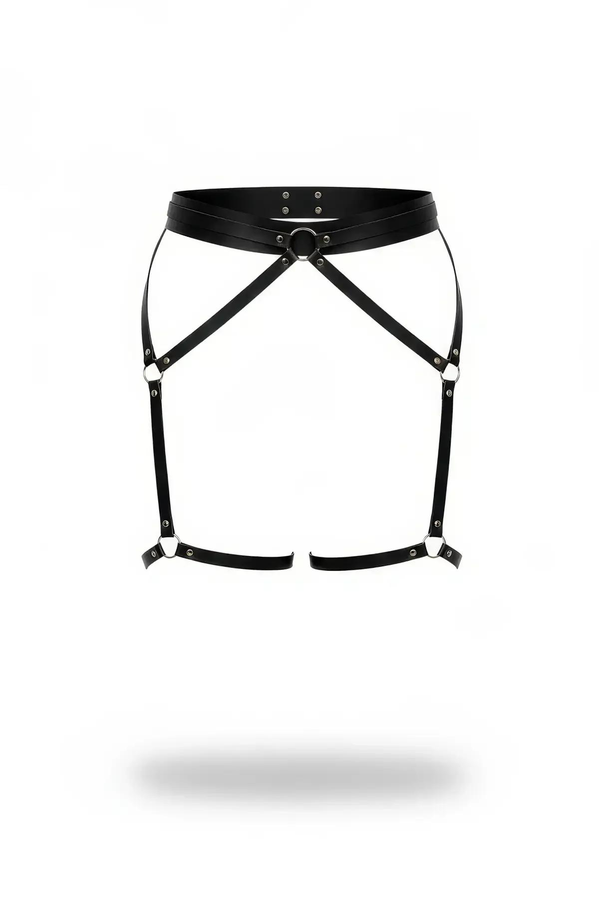 black faux leather o-ring garter harness with wide waistband and dual adjustable thigh strap loops