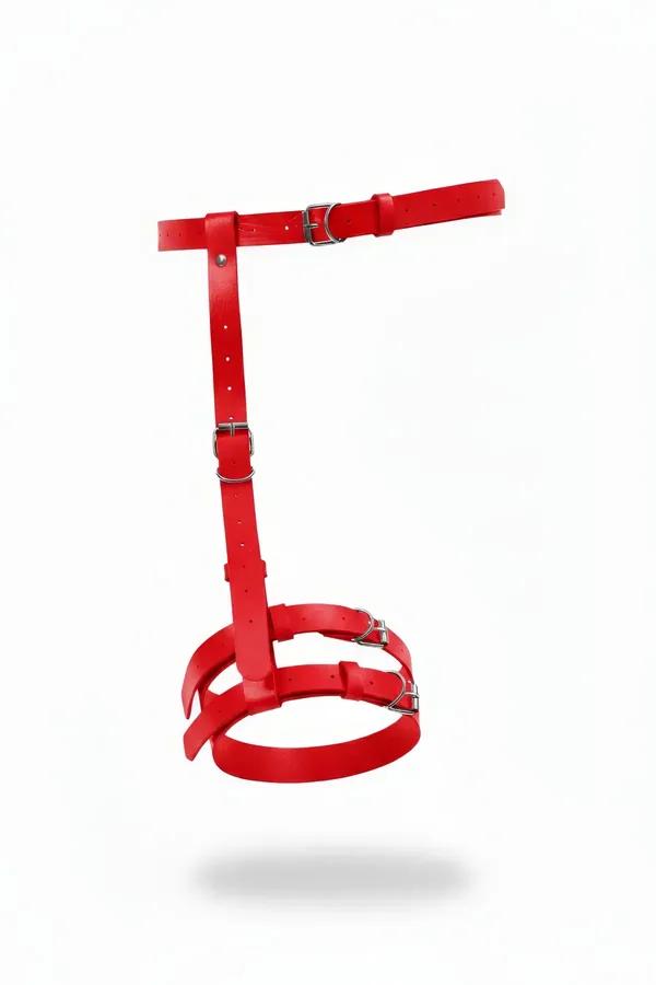red faux leather garter harness single leg with silver D-ring buckles and vertical waist strap