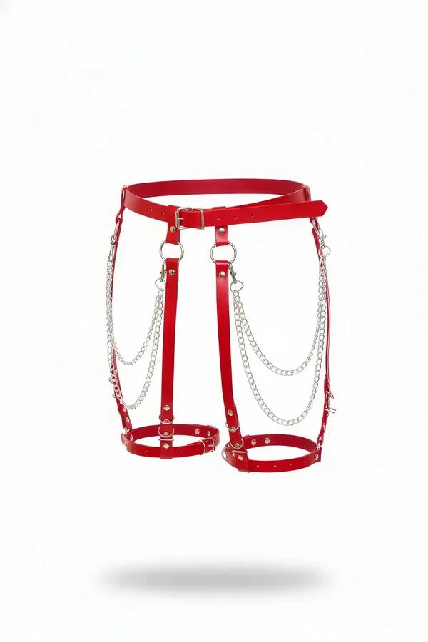 red faux leather garter harness with silver chain drapes, waist-to-thigh strappy design, silver O-ring hardware