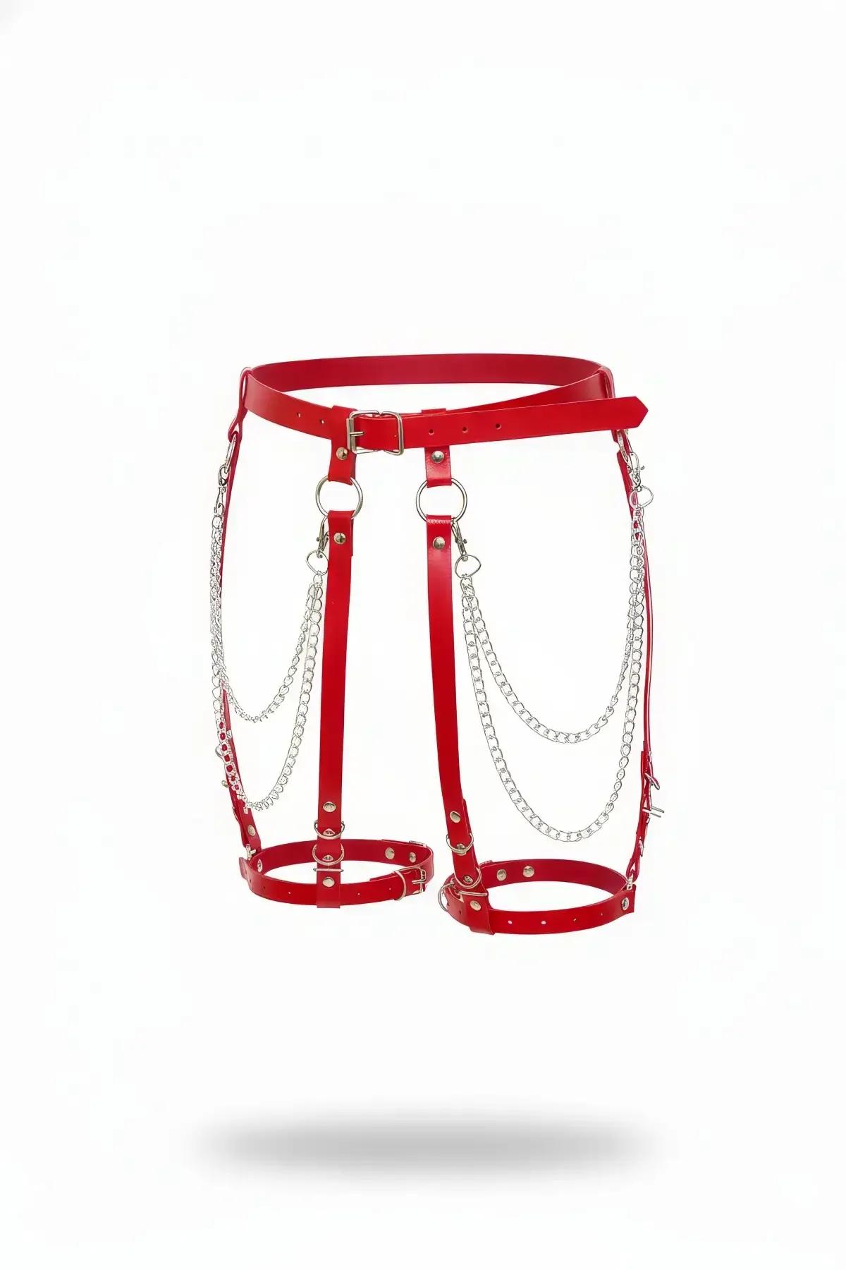 red faux leather garter harness with silver chain drapes, waist-to-thigh strappy design, silver O-ring hardware
