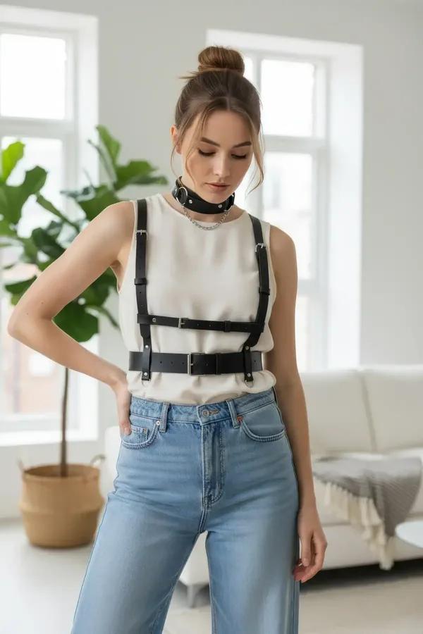 Black faux leather double-buckle waist harness with integrated choker worn over white tank top and jeans