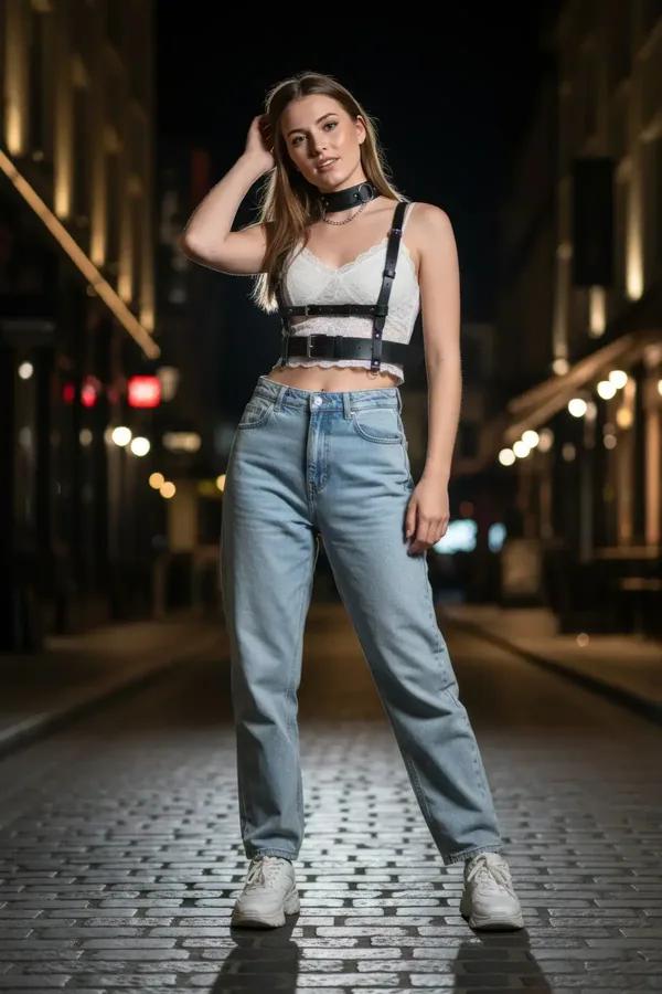 Black faux leather double-buckle waist harness with integrated choker worn over white tank top and jeans