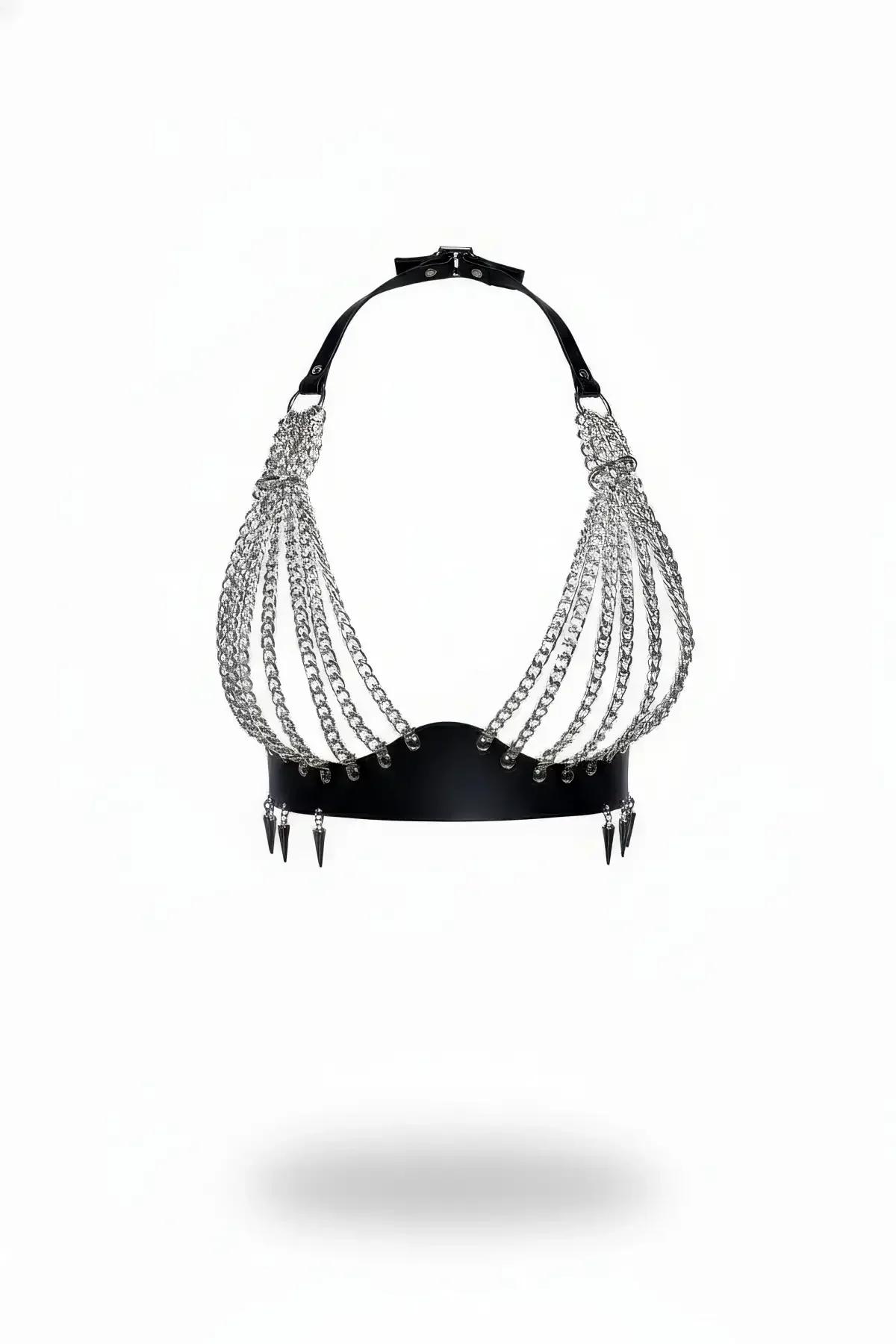 Black faux leather chest harness with silver cascading chain fringe and spiked underbust band, halter neck style