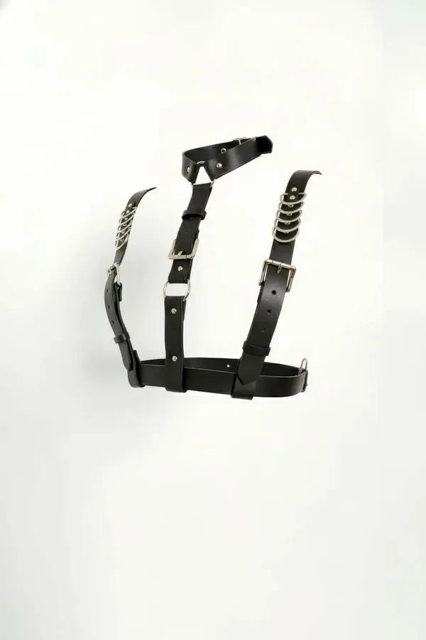 black faux leather underbust harness with interwoven silver chain O-ring straps and four rectangular silver buckles