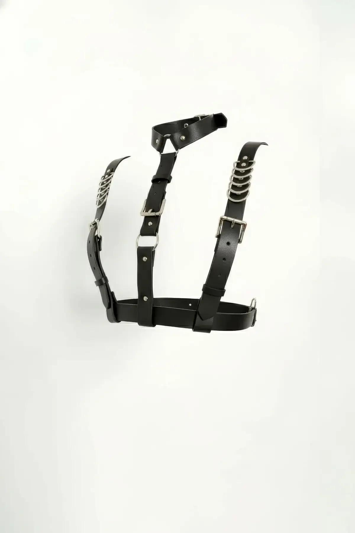 black faux leather underbust harness with interwoven silver chain O-ring straps and four rectangular silver buckles
