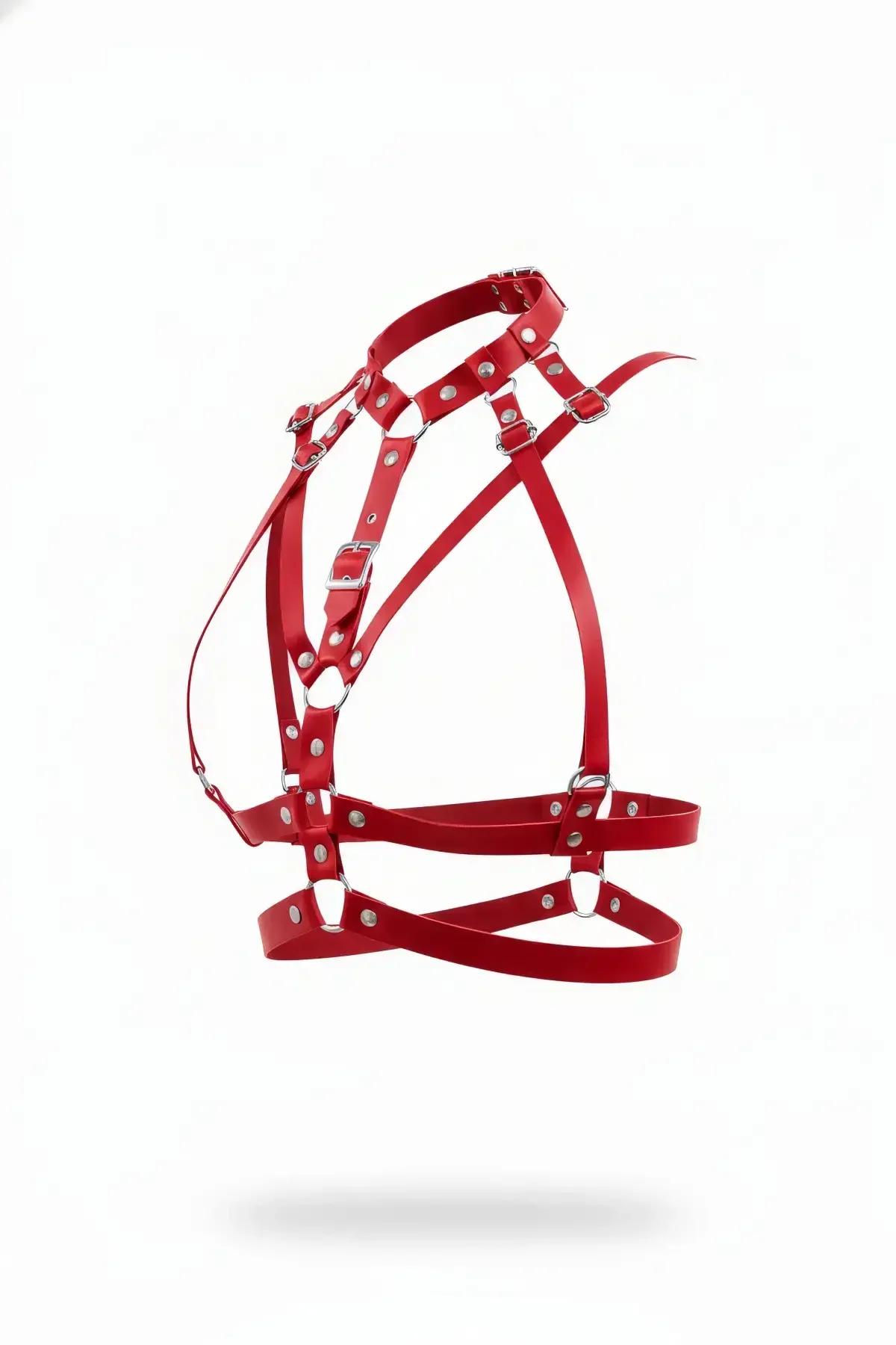Red multi-strap chest harness faux leather with silver D-rings and adjustable buckles on white background