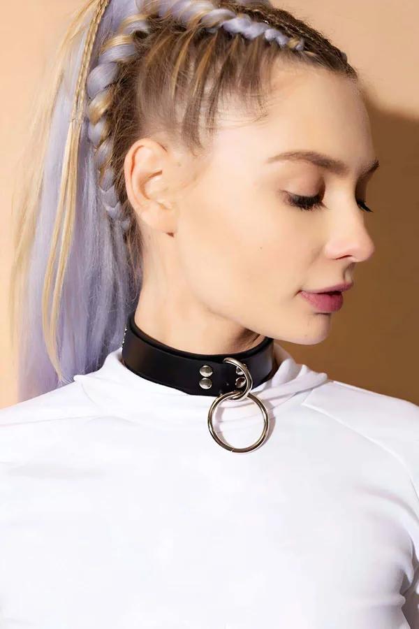 siyah vegan deri choker gümüş O-halka detaylı deri tasma boyunluk 3-4 cm bant