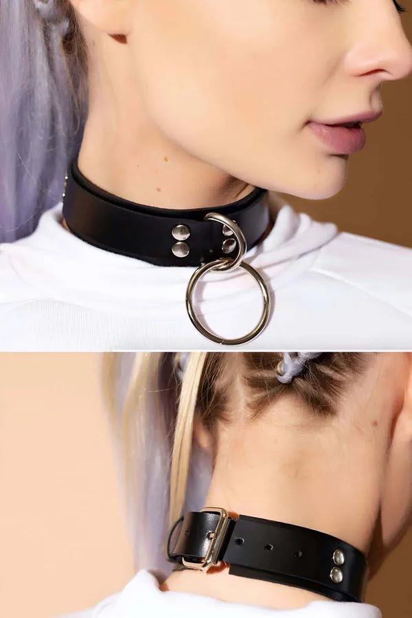 siyah vegan deri choker gümüş O-halka detaylı deri tasma boyunluk 3-4 cm bant