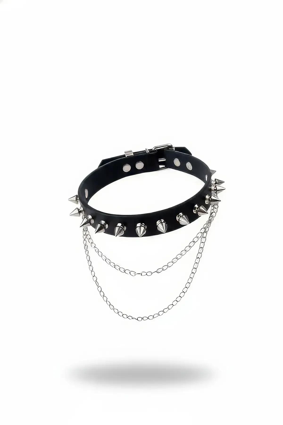 black faux leather spiked choker with double draped silver chains and pyramid spikes adjustable buckle