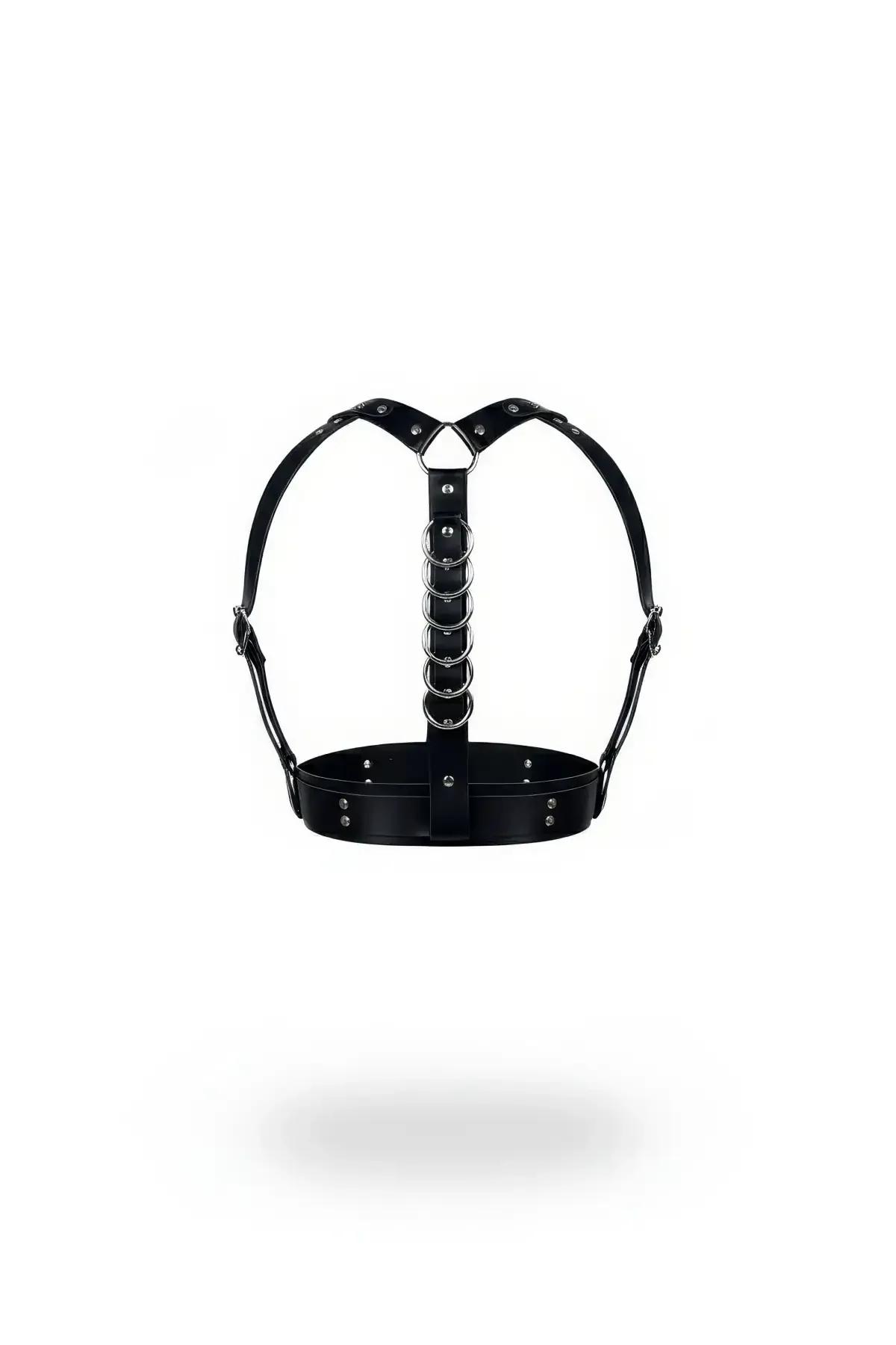 black faux leather multi o-ring chest harness with five stacked silver rings and wide underbust band front view