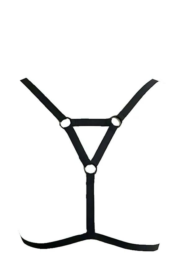 siyah elastik göğüs harness üçgen geometrik tasarım 3 gunmetal O-halka gömlek üzeri
