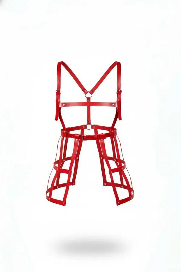 Red faux leather full body cage harness with geometric thigh cages and silver hardware, front view