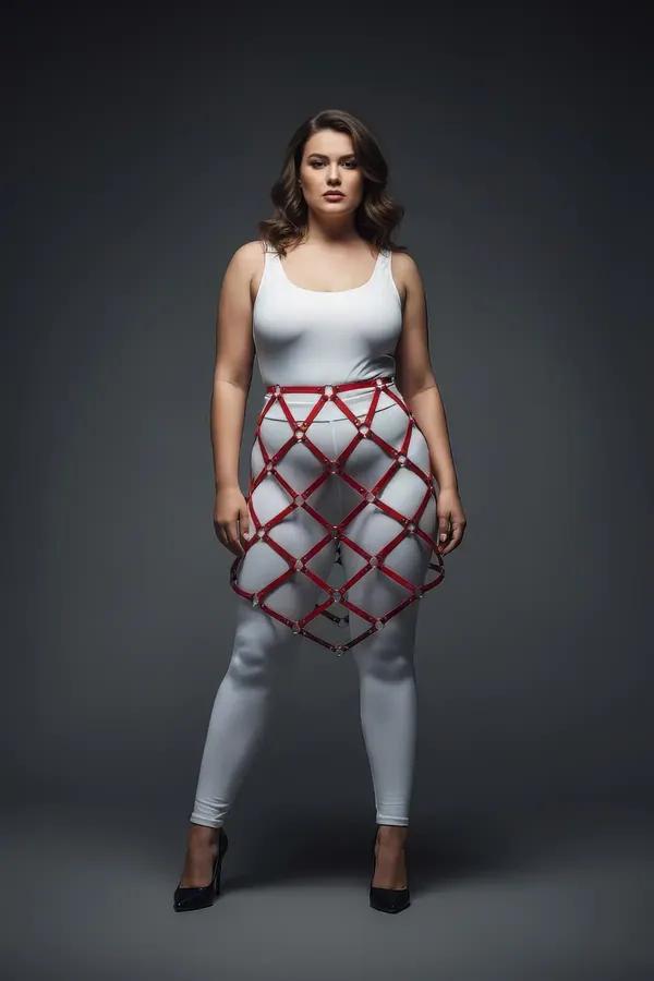 red faux leather lattice cage skirt harness with silver O-ring connectors worn over white leggings, A-line diamond grid silho