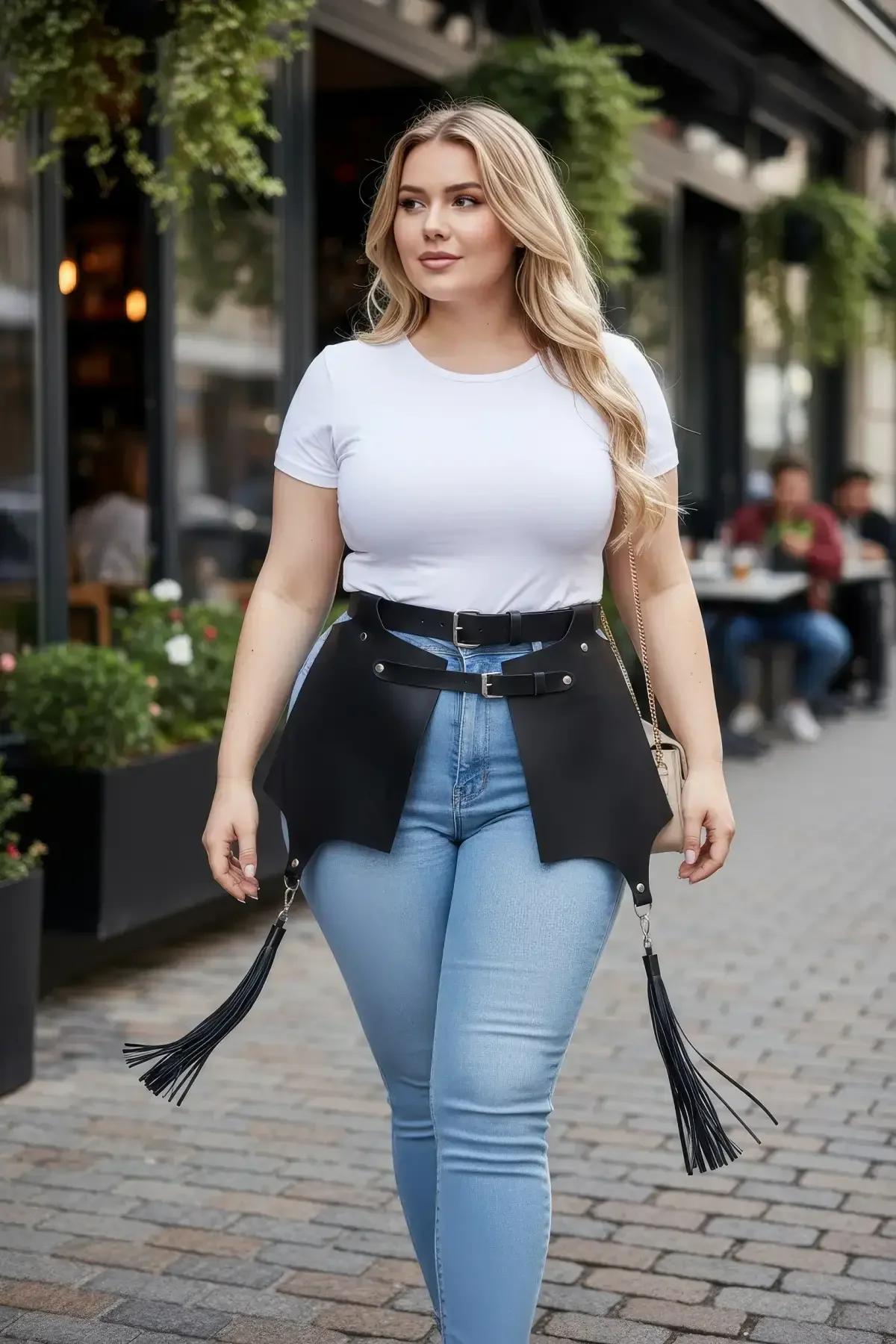 black faux leather waist harness with wide skirt panels and tassel fringe worn over white T-shirt and jeans