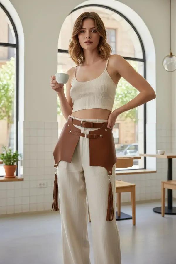 Taba vegan deri geniş katmanlı bel kemeri çift toka altın donanım ve yan püsküller