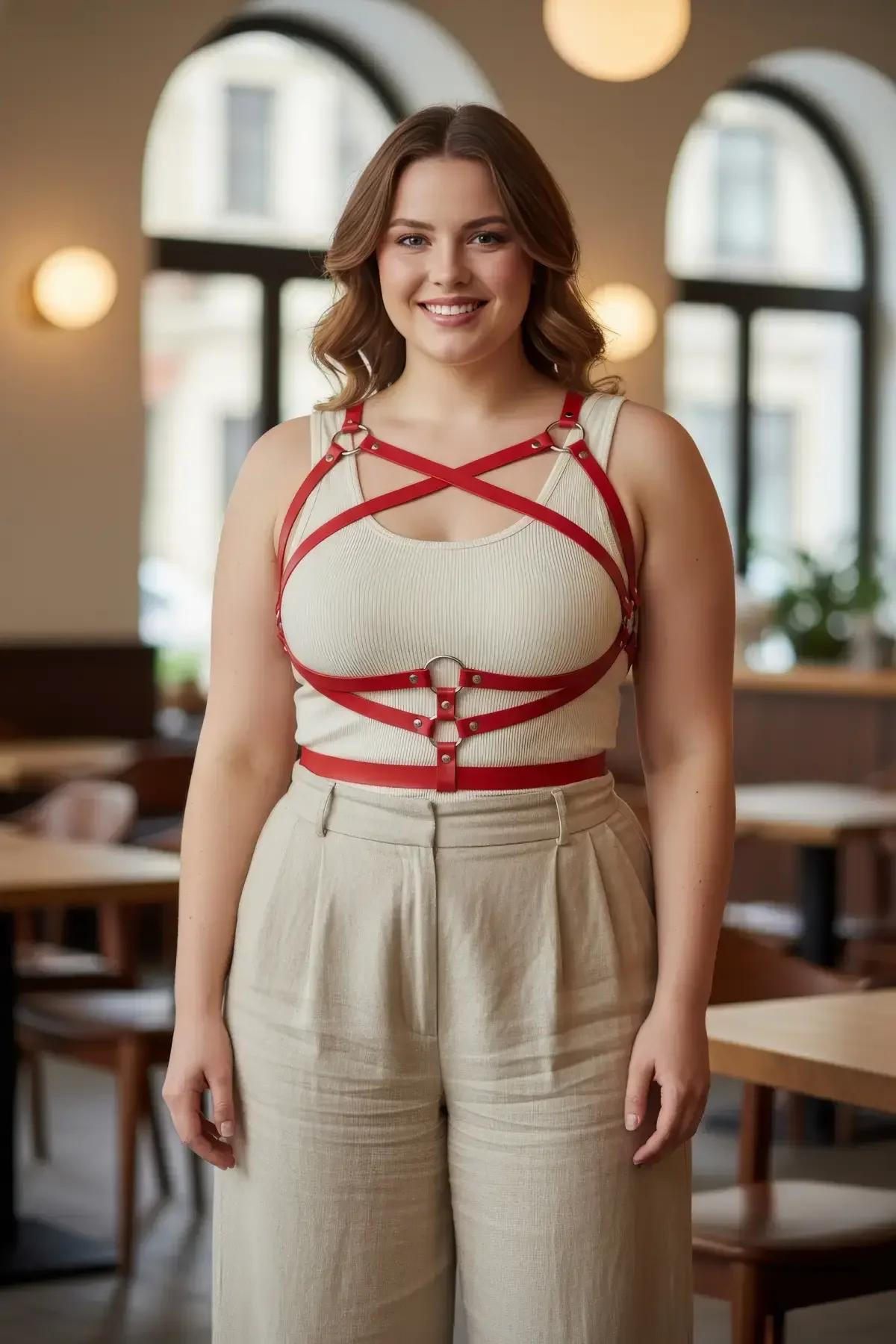 red faux leather multi-strap body harness crisscross front with gold O-rings worn over ribbed tank