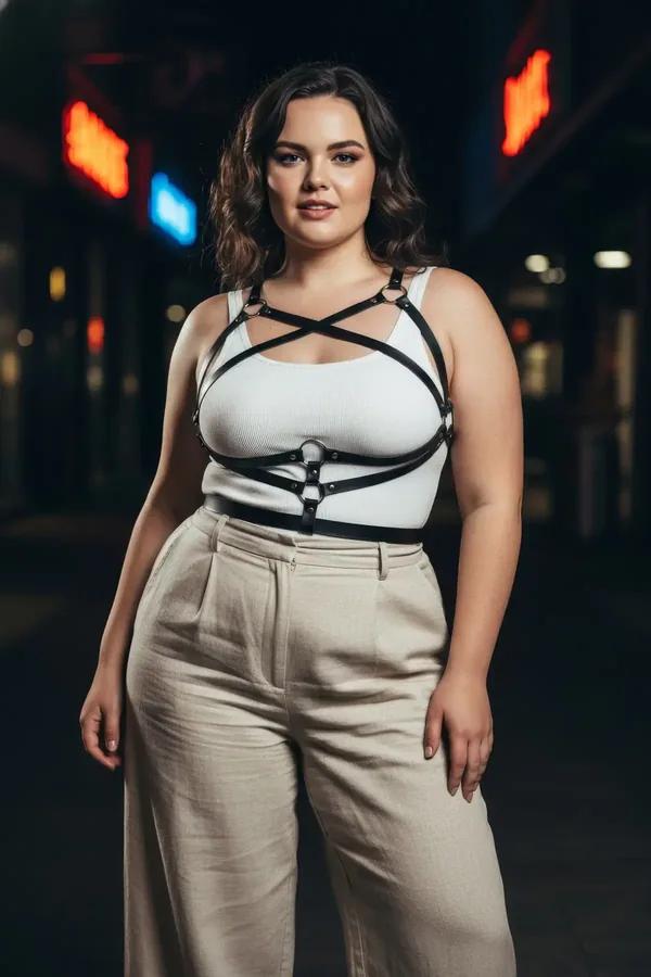 black faux leather crisscross body harness with silver stud hardware and adjustable waist band worn over cream tank top