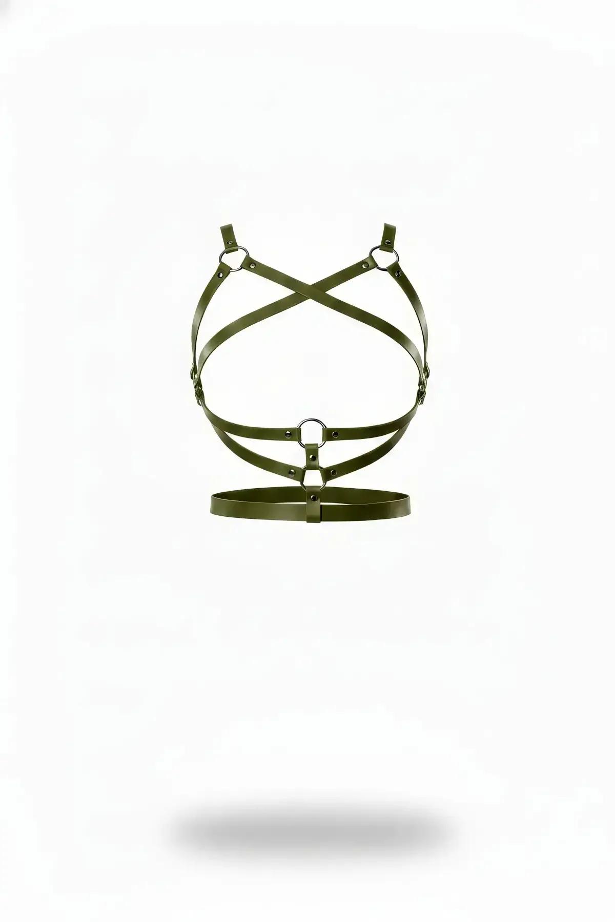 olive green vegan leather cross-strap body harness with four silver O-rings and structured waist band, matte finish