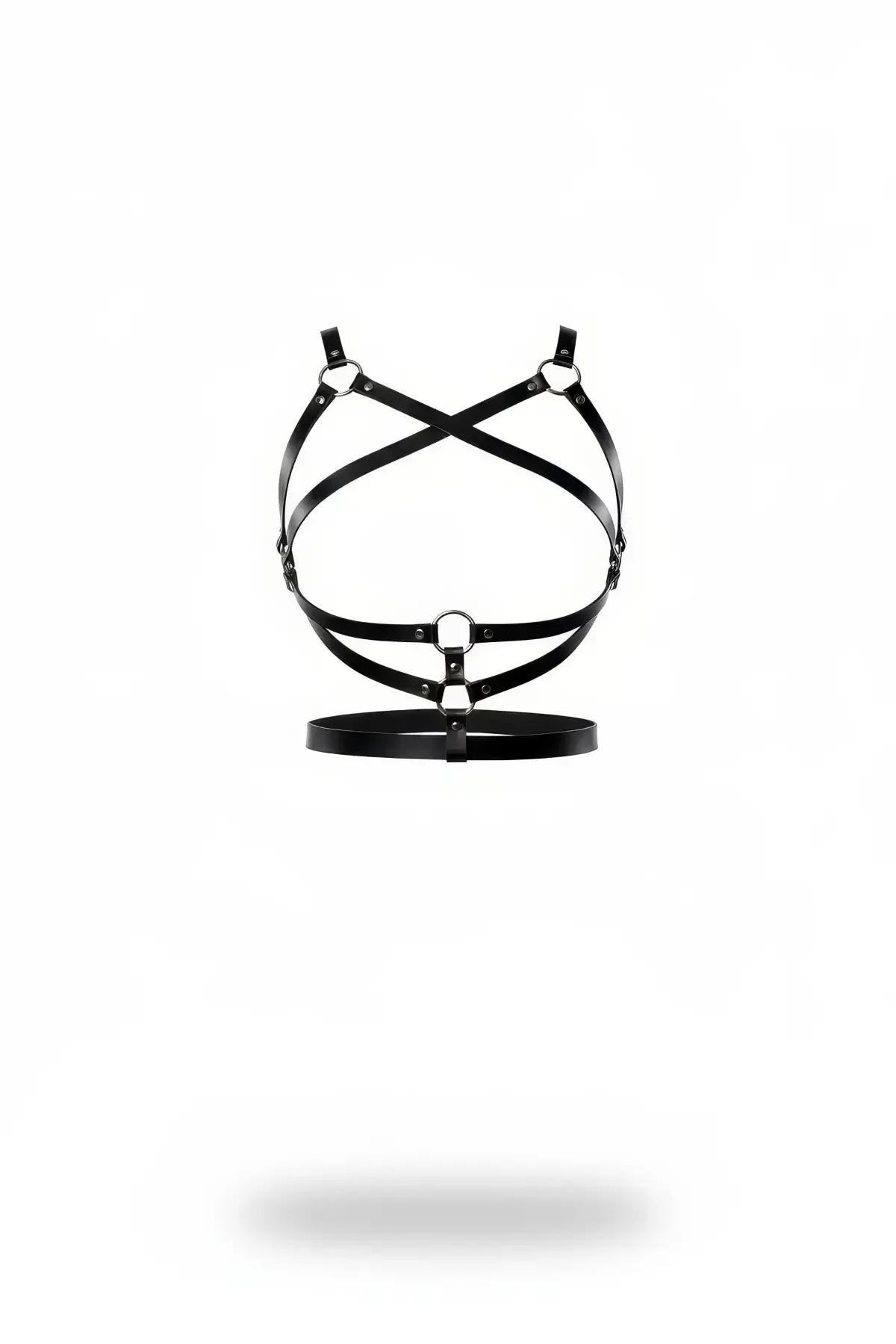 black faux leather criss-cross chest harness with X-strap front, silver O-ring center connector, and wide waist belt