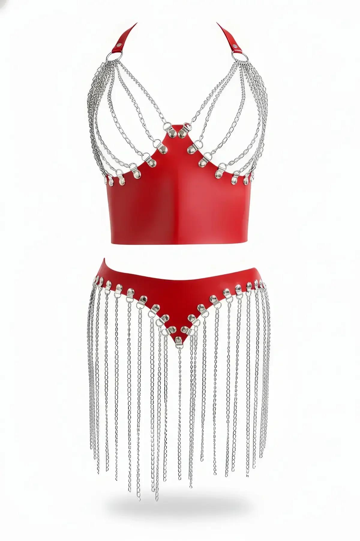 Red faux leather chain draped halter crop top and matching chain fringe mini skirt two-piece set with silver hardware